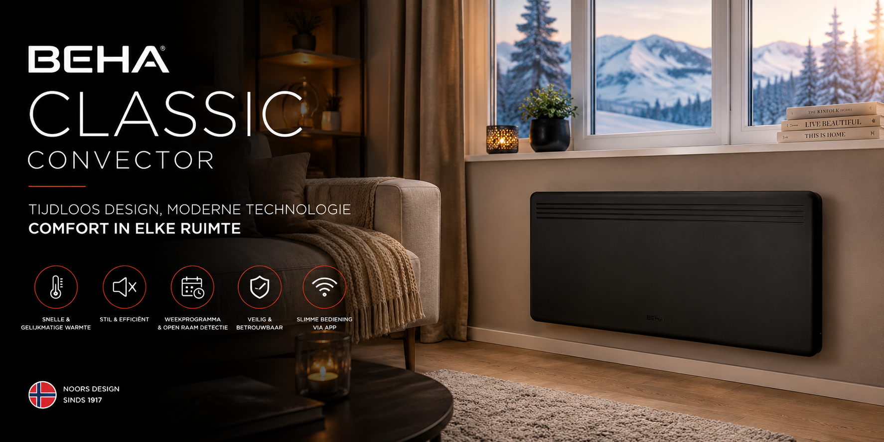BEHA Classic elektrische convector met tijdloos Scandinavisch design voor comfortabele en energiezuinige verwarming.