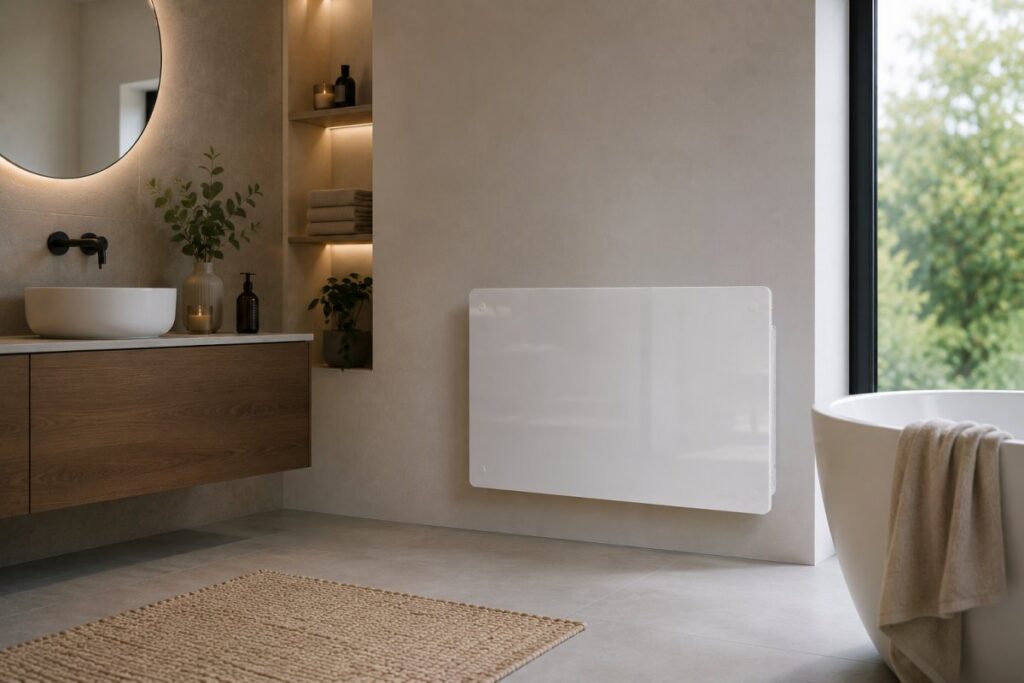 Modern bathroom with a wooden vanity, round backlit mirror, and a white vessel sink. A wall-mounted white heater panel sits on the beige wall near a tub area.