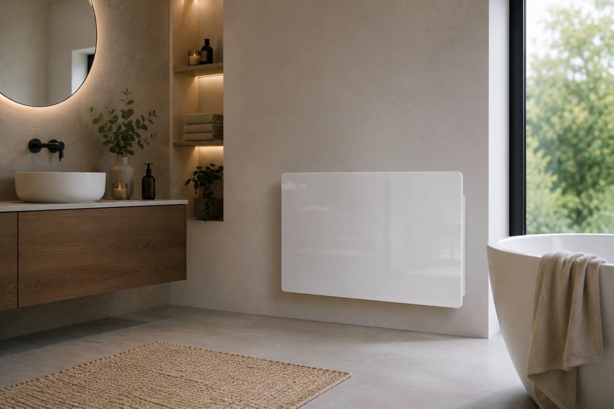 Modern bathroom with a wooden vanity, round backlit mirror, and a white vessel sink. A wall-mounted white heater panel sits on the beige wall near a tub area.